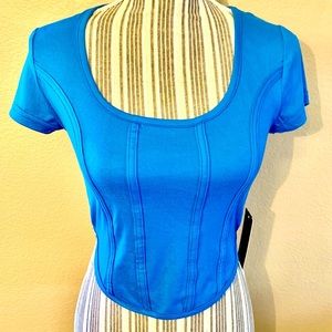 Sale! Crop Top M Faded Rose Ocean Blue Short Sleeve Raised Stripes Round Hem